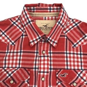 Hollister Western Shirt Men LARGE Red Plaid Pearl Snaps Long Sleeve Rodeo Cowboy